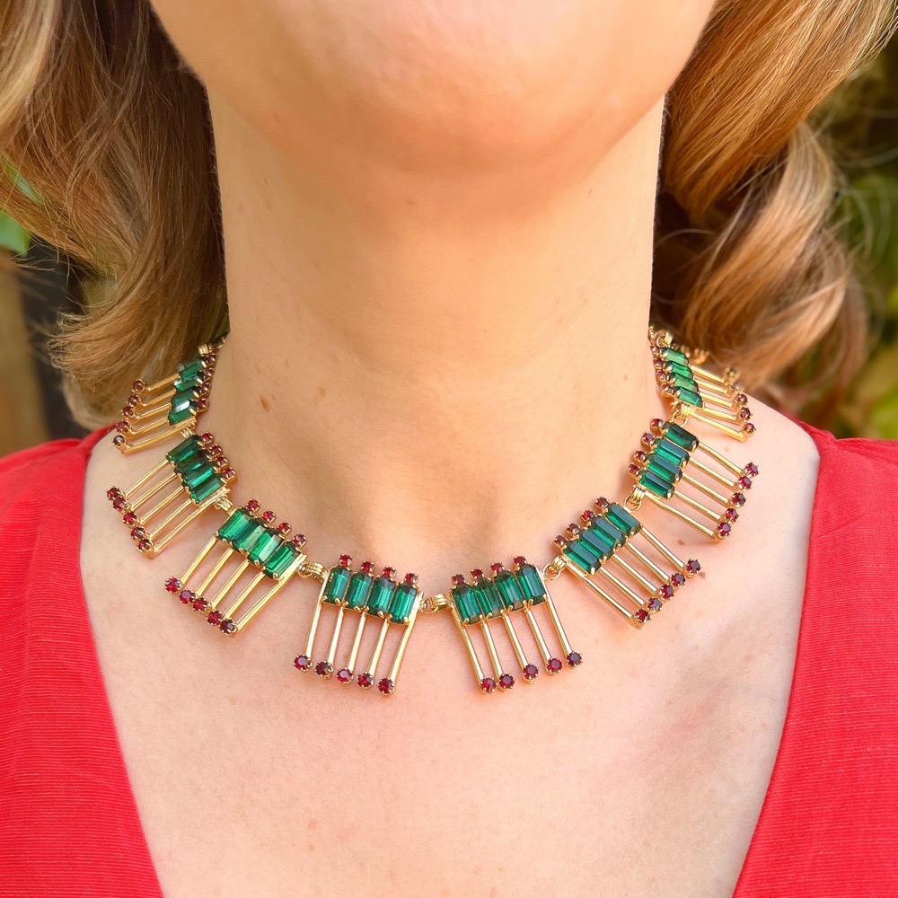 1950s Vintage Emerald Green and Ruby Red Rhinestone Statement Necklace and Earrings Set